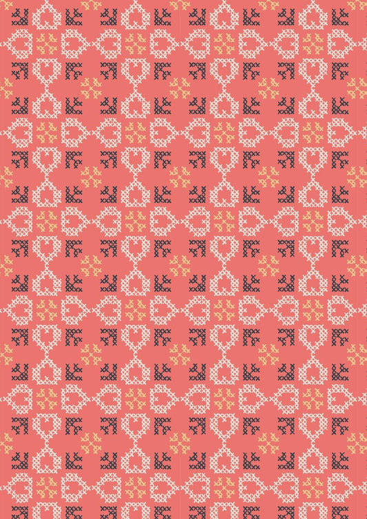 Lewis & Irene Folk Floral Fabric Collection Cross Stitch Hearts on Coral Authentic Premium 100% Cotton Fabrics