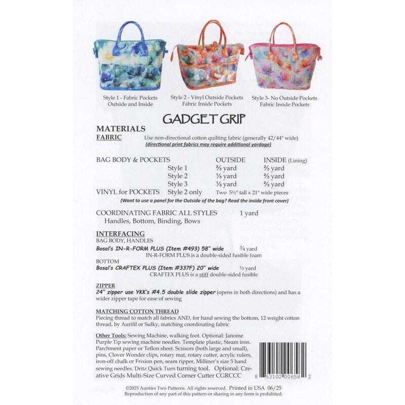 Aunties Two Gadget Grip Tote Pattern AT658 - 3 Styles Per Pattern