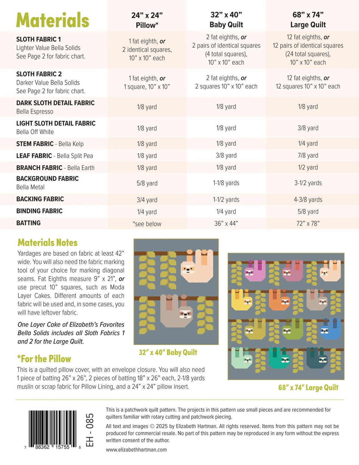Elizabeth Hartman Snuggly Sloths Pattern EH-085 - 3 Size Variations Per Pattern