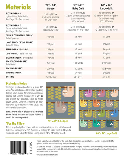 Elizabeth Hartman Snuggly Sloths Pattern EH-085 - 3 Size Variations Per Pattern