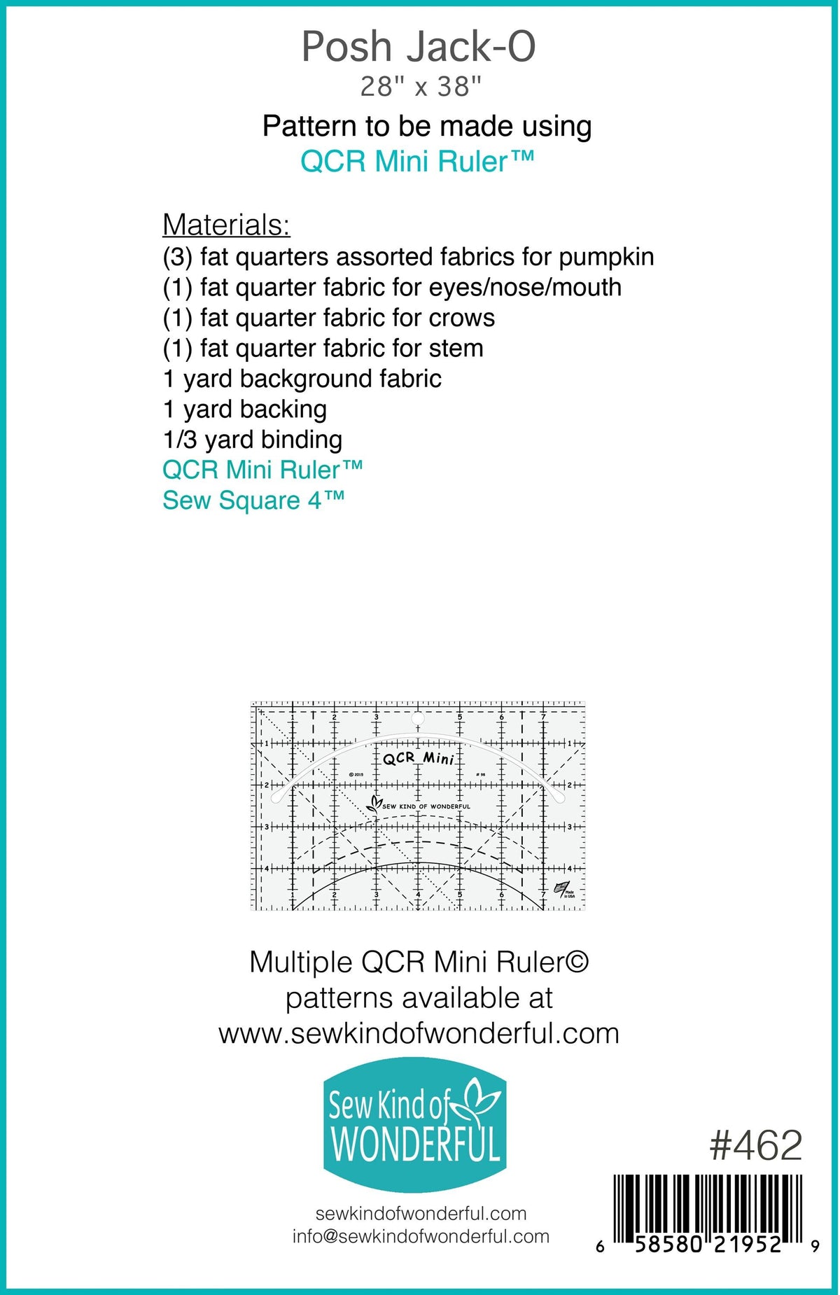 Sew Kind of Wonderful Posh Jack-O Quilt Pattern #462 Finished Size 28"x38" (SKW Rulers Sold Separately)