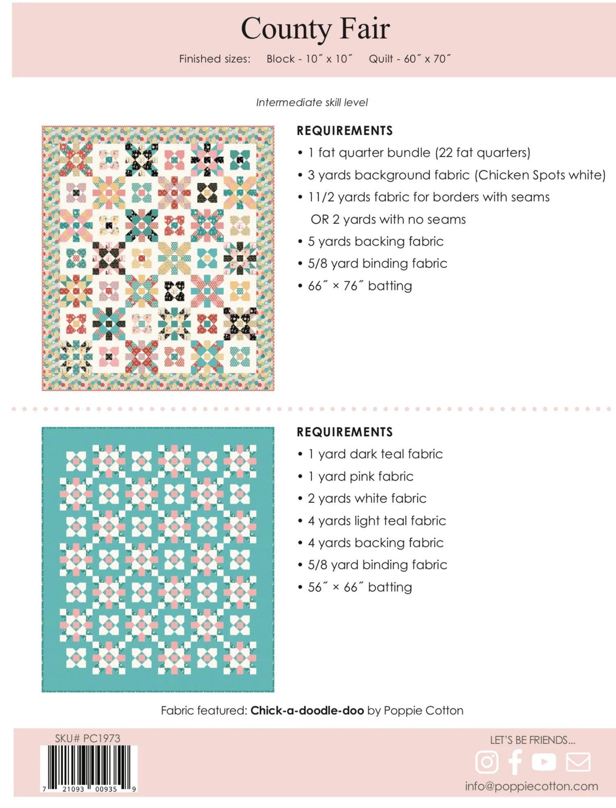Poppie Cotton County Fair Quilt Pattern PHP1973 Finished Size: 60"x70"