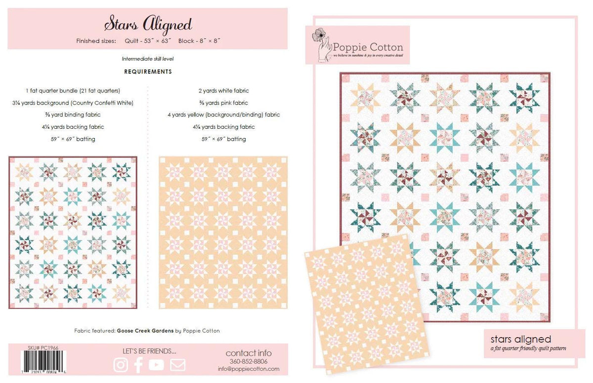 Poppie Cotton Stars Aligned Quilt Pattern PC1966 Finished Size: 53"x63"
