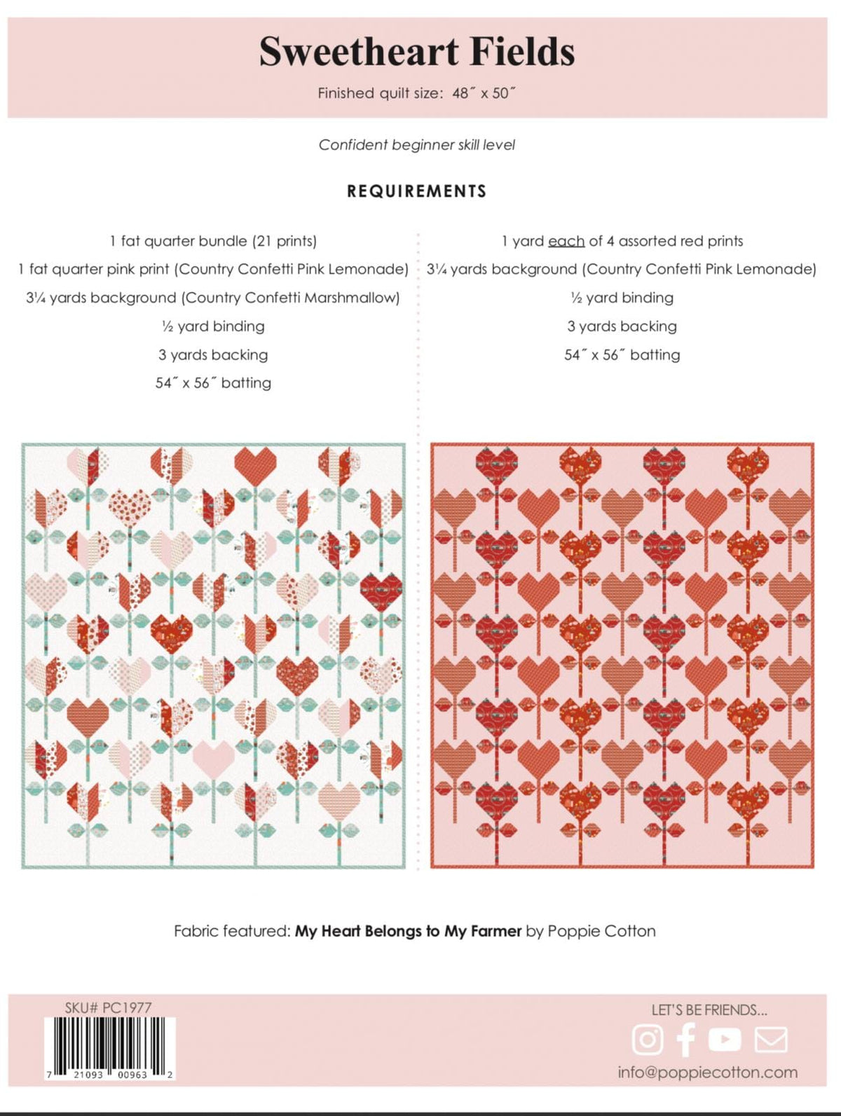 Poppie Cotton Sweetheart Fields Quilt Pattern PC1977 Finished Size: 48"x50"