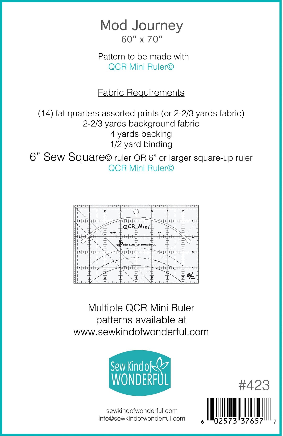 Sew Kind of Wonderful Mod Journey Quilt Pattern #423 Finished Size 60"x70" (SKW Rulers Sold Separately)