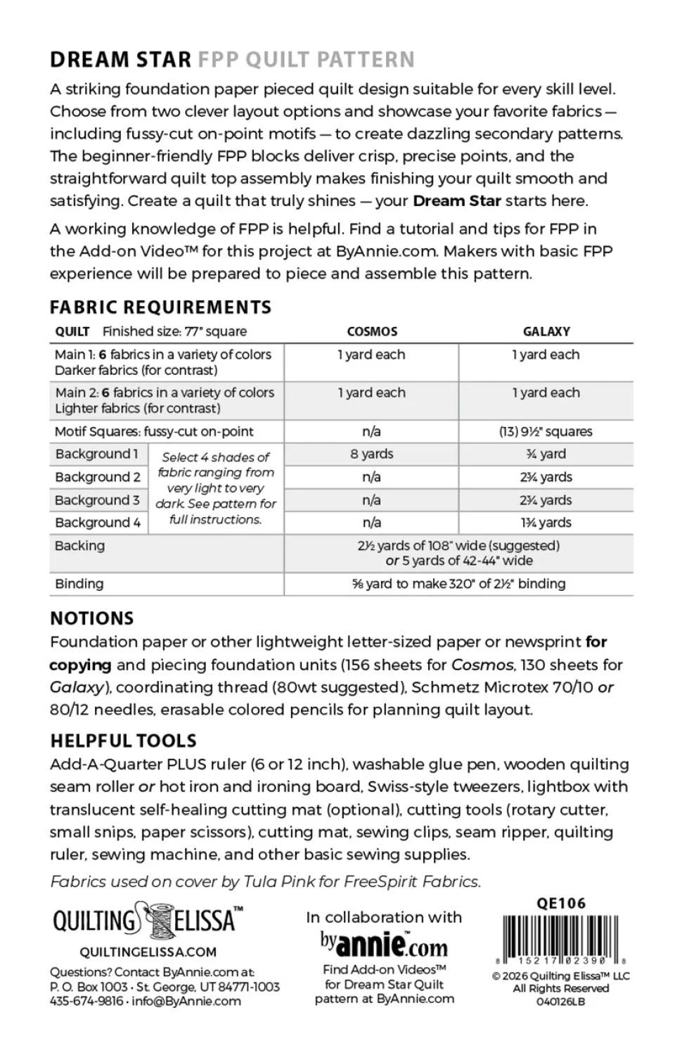 By Annie Quilting Elissa Dream Star Foundation Paper Piecing Quilt Pattern - 2 Layouts Per Pattern QE106