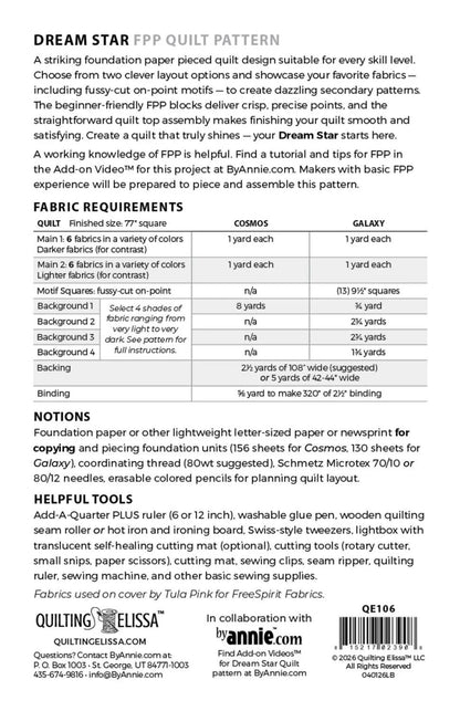 By Annie Quilting Elissa Dream Star Foundation Paper Piecing Quilt Pattern - 2 Layouts Per Pattern QE106