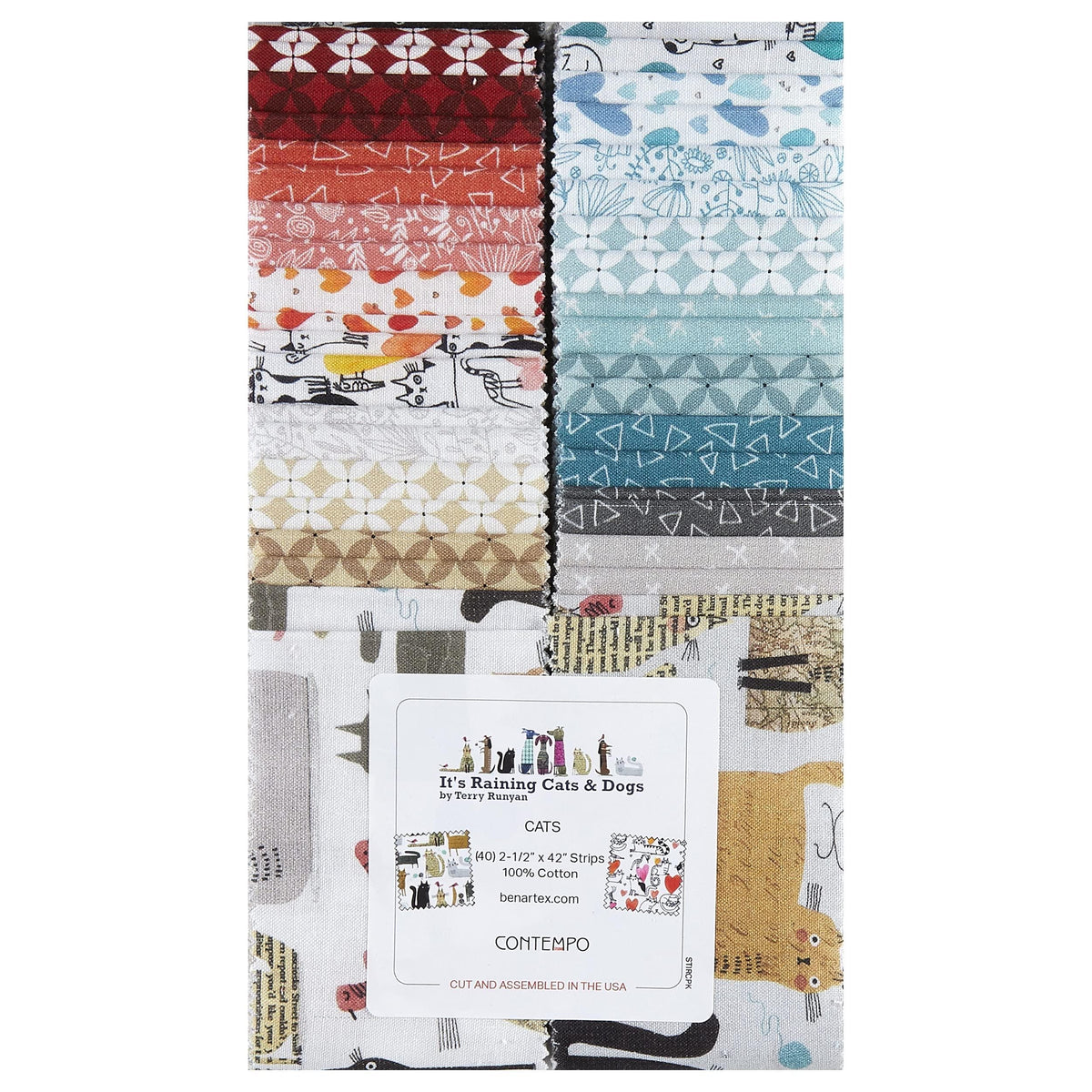 Benartex Comtempo It's Raining Cats & Dogs Fabric Collection 40pc (2.5" Strips) Jellyroll Authentic Premium 100% Cotton Fabrics