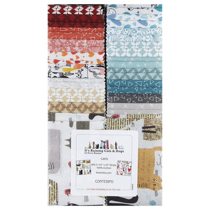 Benartex Comtempo It's Raining Cats & Dogs Fabric Collection 40pc (2.5" Strips) Jellyroll Authentic Premium 100% Cotton Fabrics