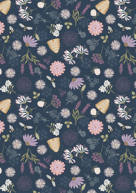 Lewis & Irene Queen Bee Fabric Collection Bee Floral on Dark Blue A504.3