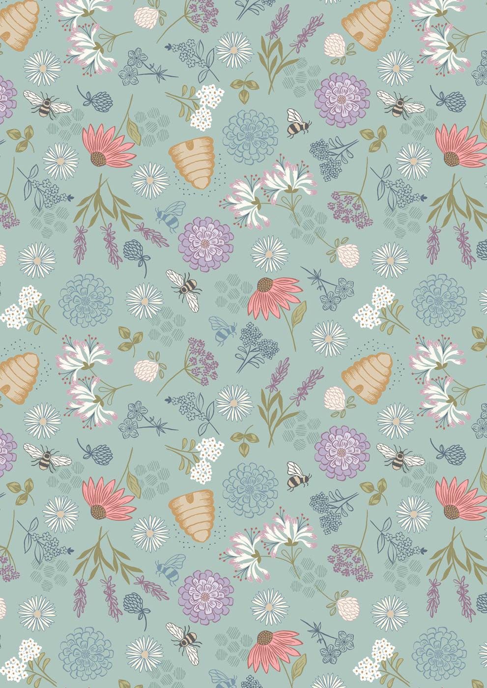 Lewis & Irene Queen Bee Fabric Collection Bee Floral on Light Duck Egg A504.2