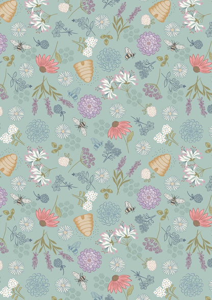 Lewis & Irene Queen Bee Fabric Collection Bee Floral on Light Duck Egg A504.2