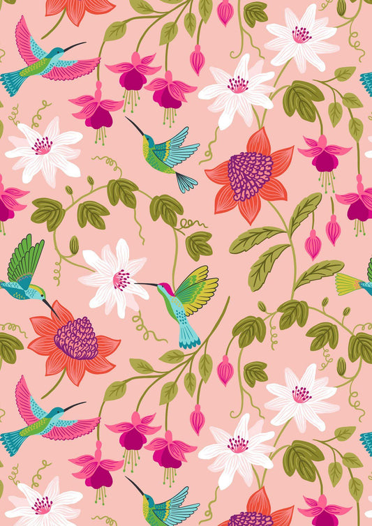 Lewis & Irene Hibiscus Hummingbird Fabric Collection Hummingbird Large Floral on Blush Pink A593.1