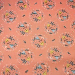 Poppie Cotton Woodland Songbird Fabric Collection Mushroom Toss on Peach Authentic Premium 100% Cotton Quilt Shop Quality Fabrics