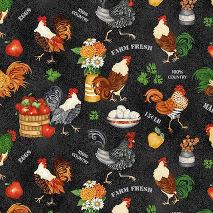 Henry Glass Farm Raised Fabric Collection Rooster Portraits on Black Authentic Premium 100% Cotton Quilt Shop Quality Fabrics
